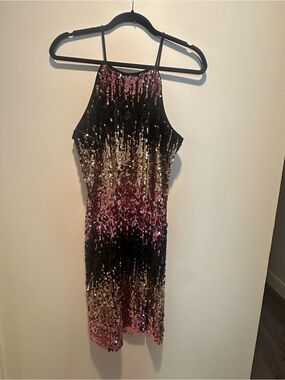 VENUS Black Sequin Halter Dress with Pink & Gold Accents